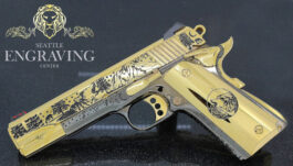 1911 COLT Competition 45ACP, Wolf & Mountain Design 24K Gold & Black Chrome with Gold Plated Magazine