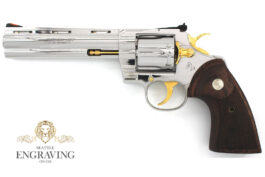 Custom COLT Python 6″, 357 Magnum, High Polished Stainless Steel & 24K Gold and Wood Grips