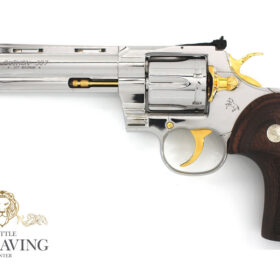 Custom COLT Python 6″, 357 Magnum, High Polished Stainless Steel & 24K Gold and Wood Grips