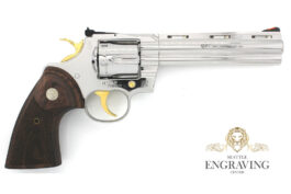 Custom COLT Python 6″, 357 Magnum, High Polished Stainless Steel & 24K Gold and Wood Grips